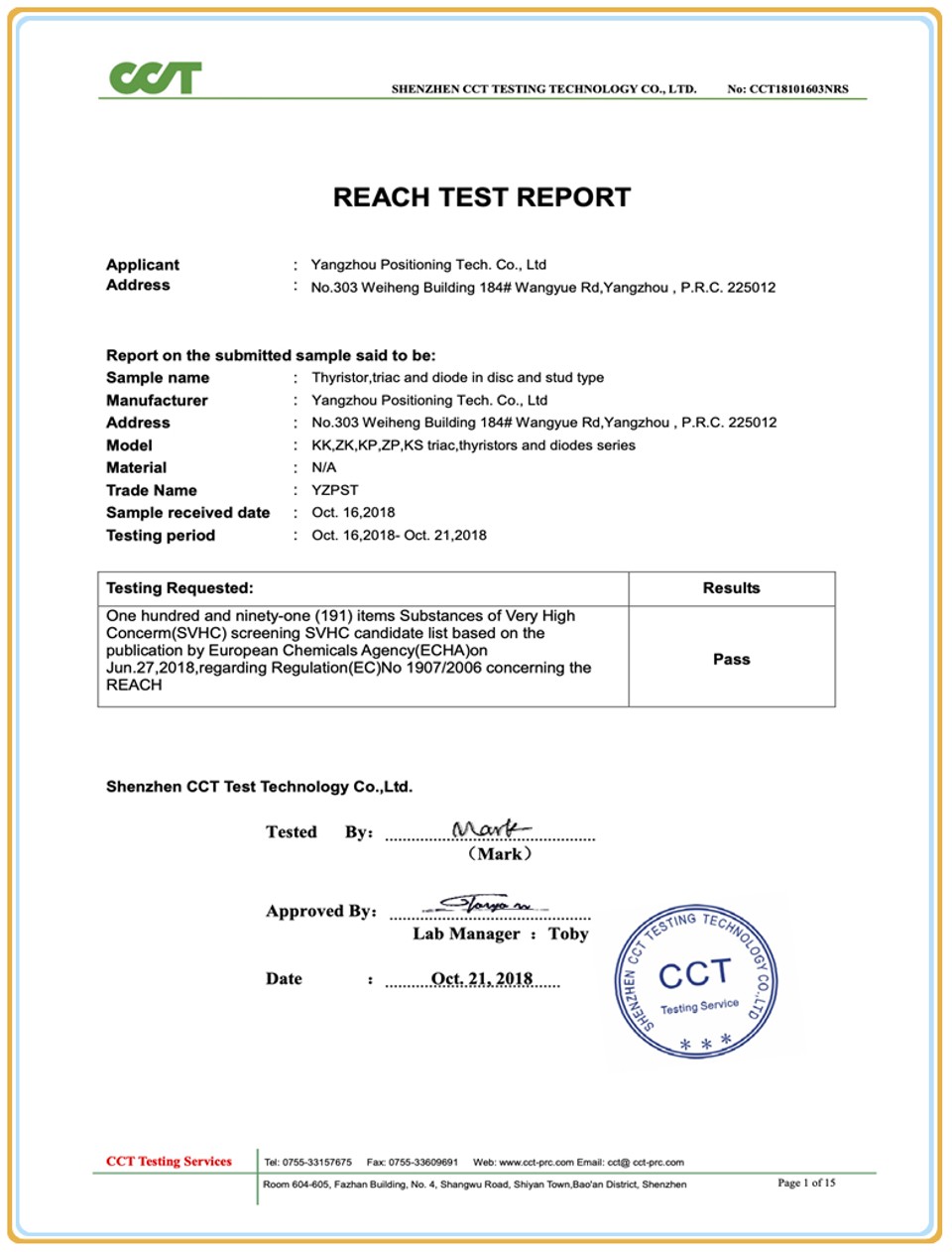 Rapport d’essai REACH pour thyristor et diode