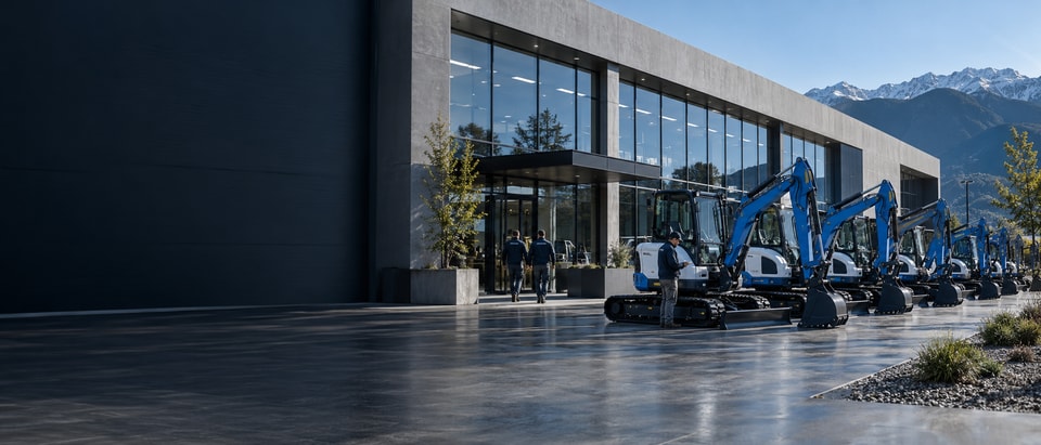 Le siège de Hightop Group, avec des mini-pelles devant le bâtiment