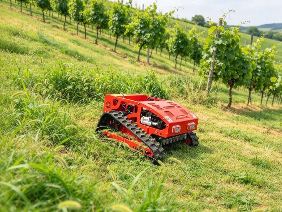 Rasaerba radiocomandato HT-800A al lavoro su un pendio di un vigneto francese