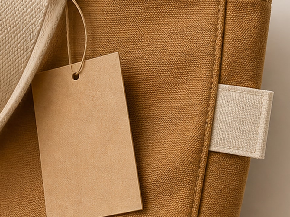 Labels and hangtags on a custom bag