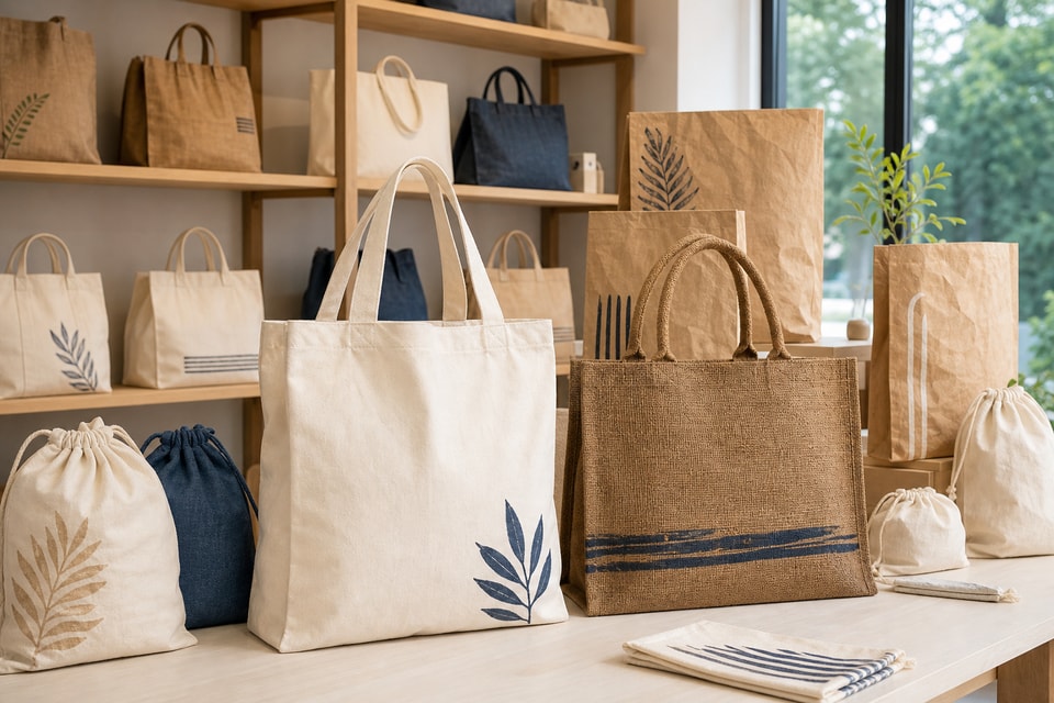Showroom display of canvas, DuPont paper, jute and drawstring bags