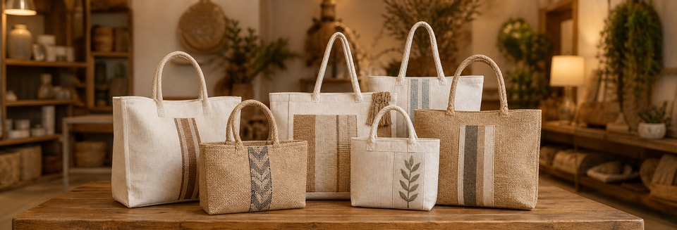 Fashion boutique display of canvas and jute bags
