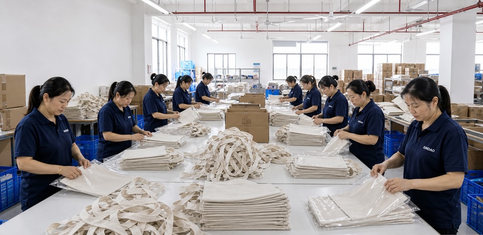 Xindao factory workers packaging finished canvas tote bags