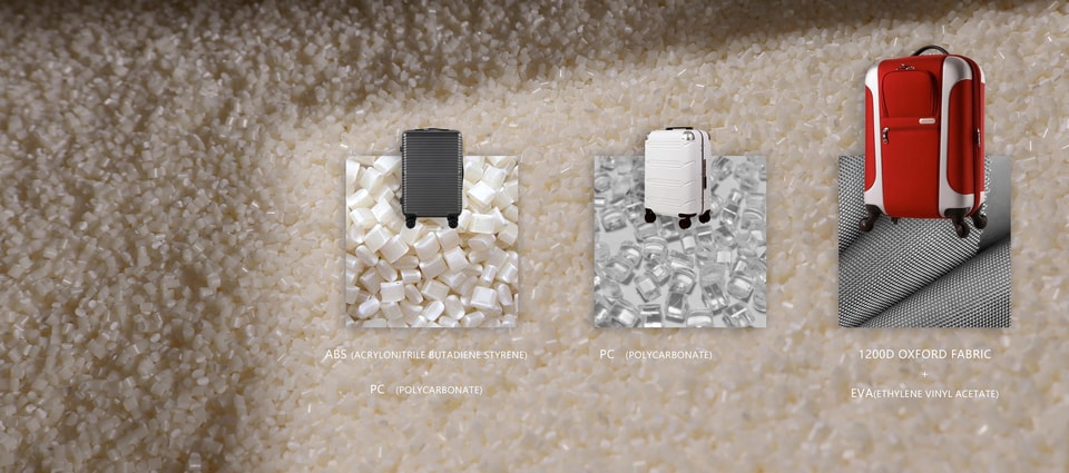 ABS, PC and 1200D Oxford material samples with finished luggage