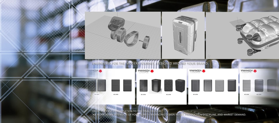 Structural renderings and branded luggage line-up built for partner brands
