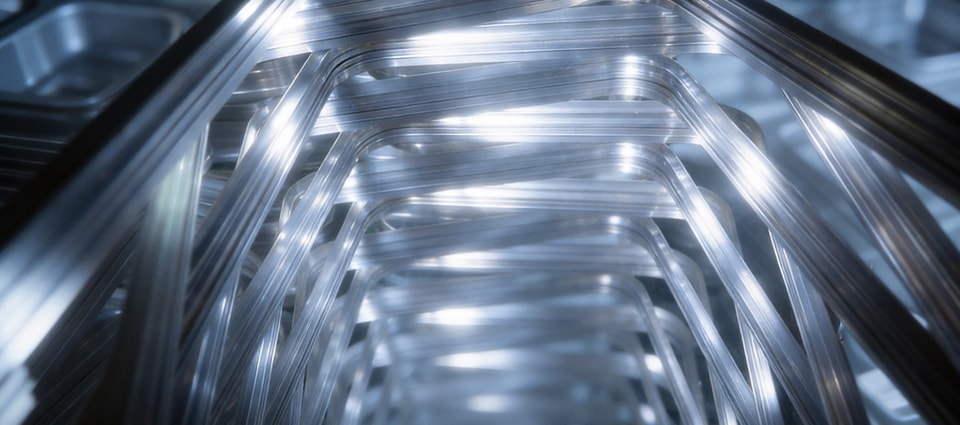 Aluminium luggage frame profiles stacked in the workshop