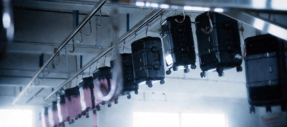 Finished suitcases moving along the overhead production line