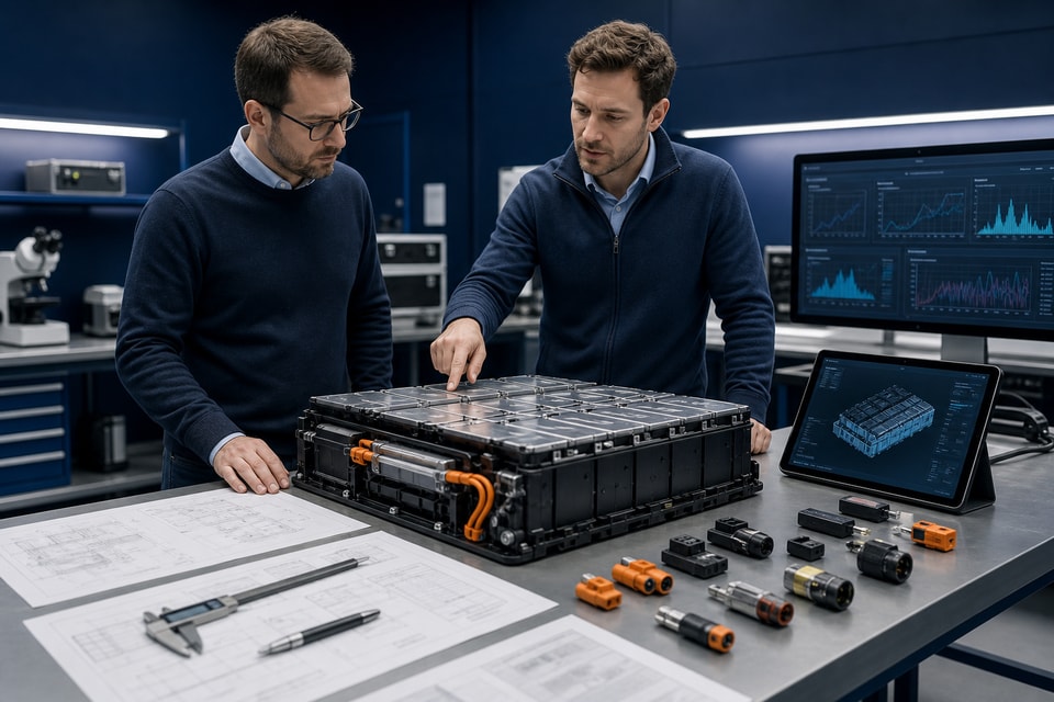 Ingenieros definiendo y evaluando un sistema de batería personalizado