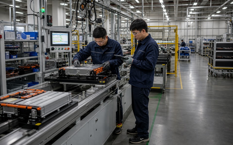 Ingenieros de baterías chinos trabajando en el ensamblaje de módulos de baterías de litio e inspección de final de línea