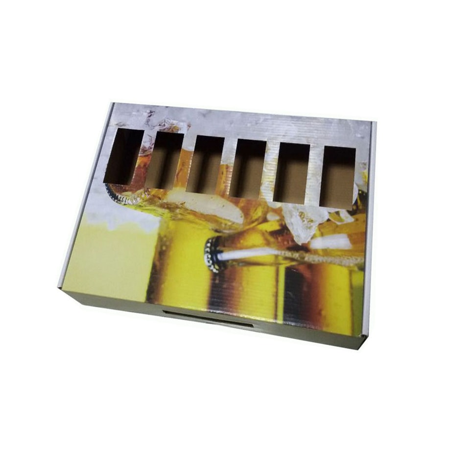 Caja de cartón corrugado para seis botellas de cerveza con ventana