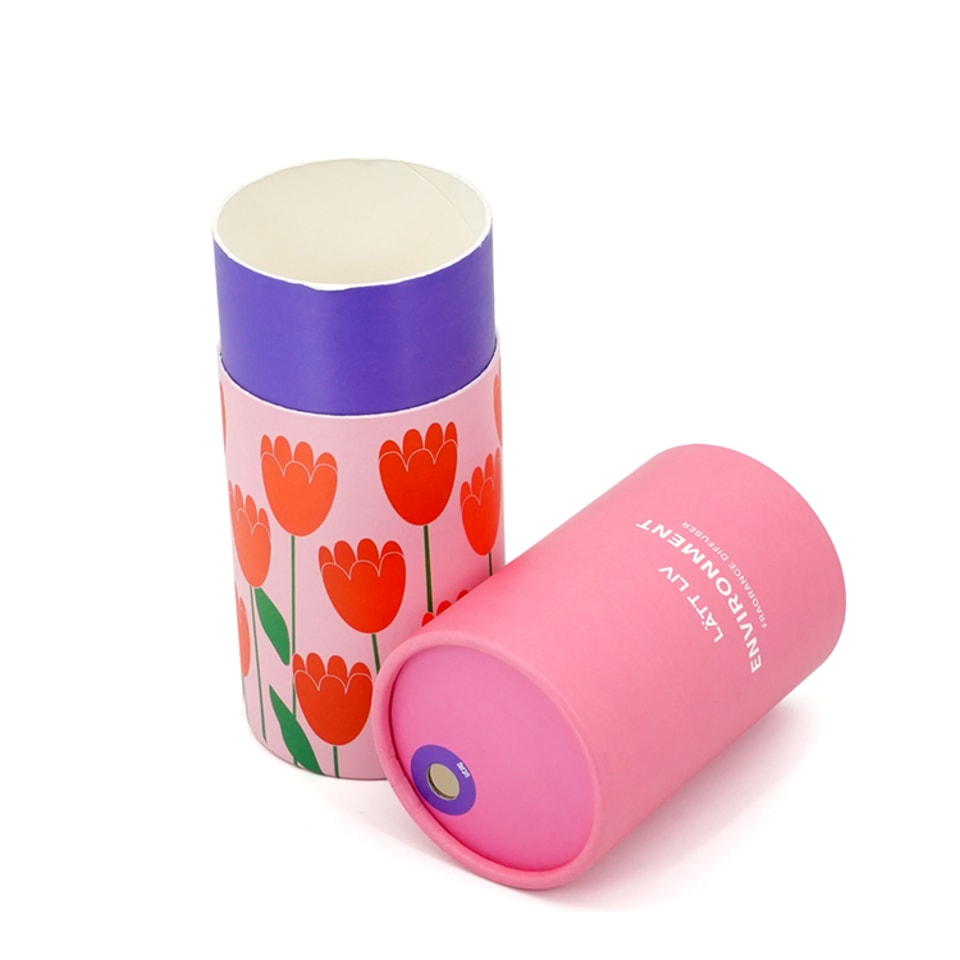 Caja redonda de papel con impresión rosa