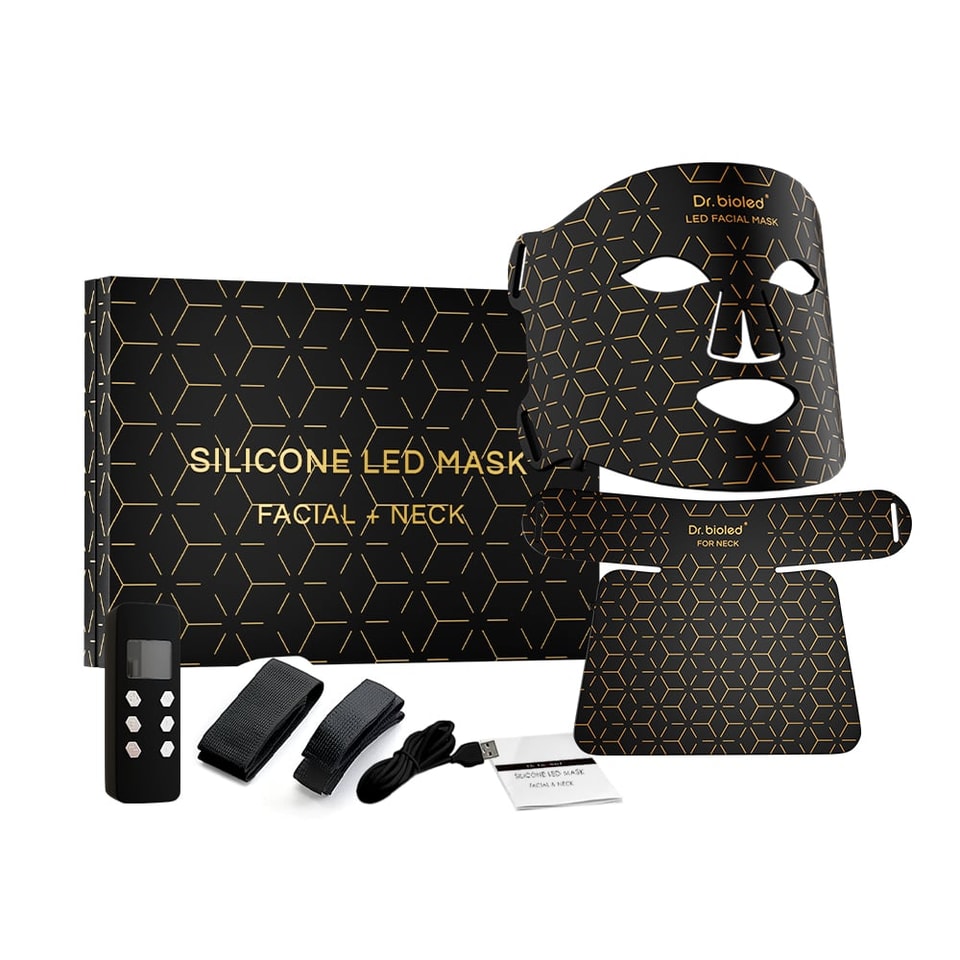 Dr.bioled wiederaufladbare Silikonmaske für Gesicht und Hals mit nahinfrarotem Rotlicht und 8 LED-Lichtern