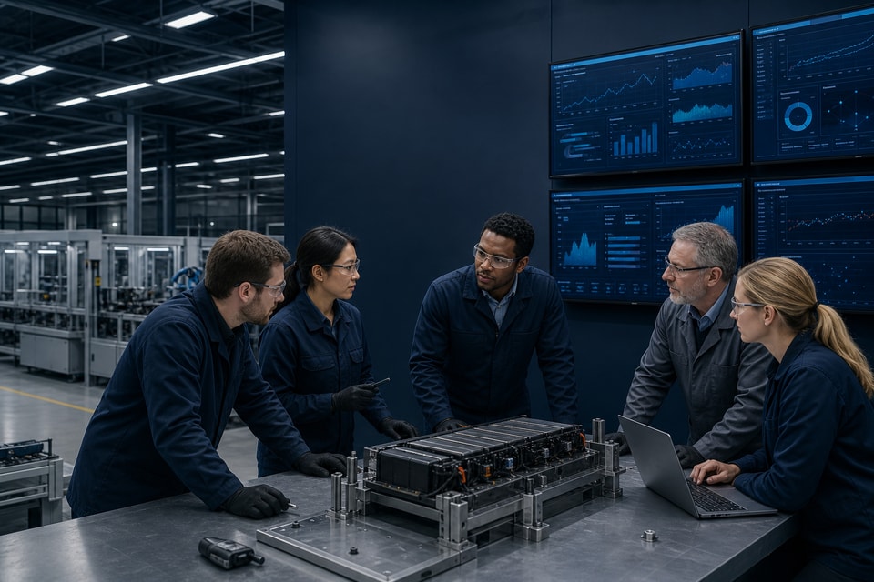 Battery engineering team reviewing continuous improvement data