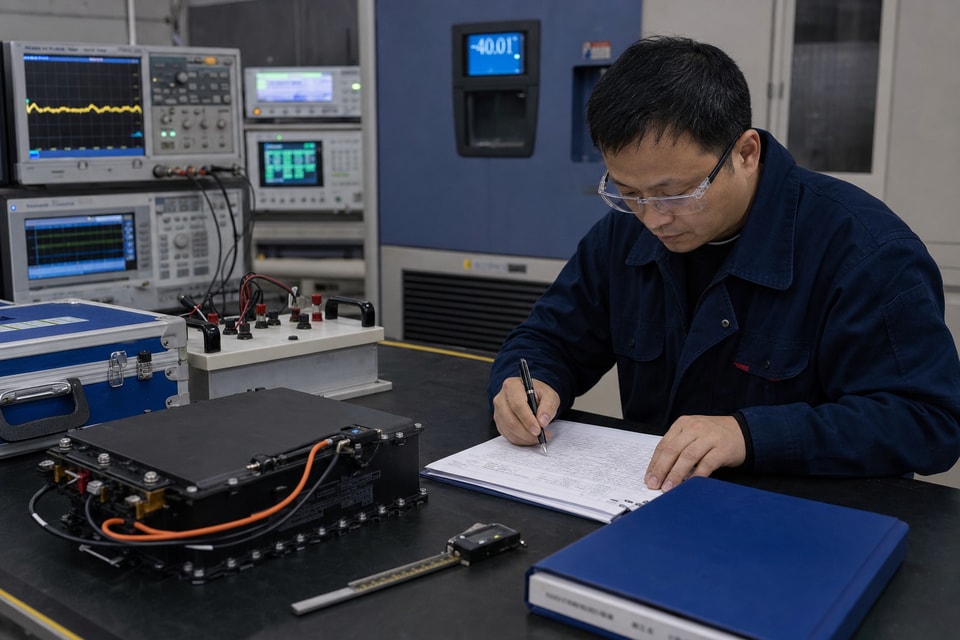Chinese battery compliance engineer reviewing a lithium battery pack in a testing laboratory