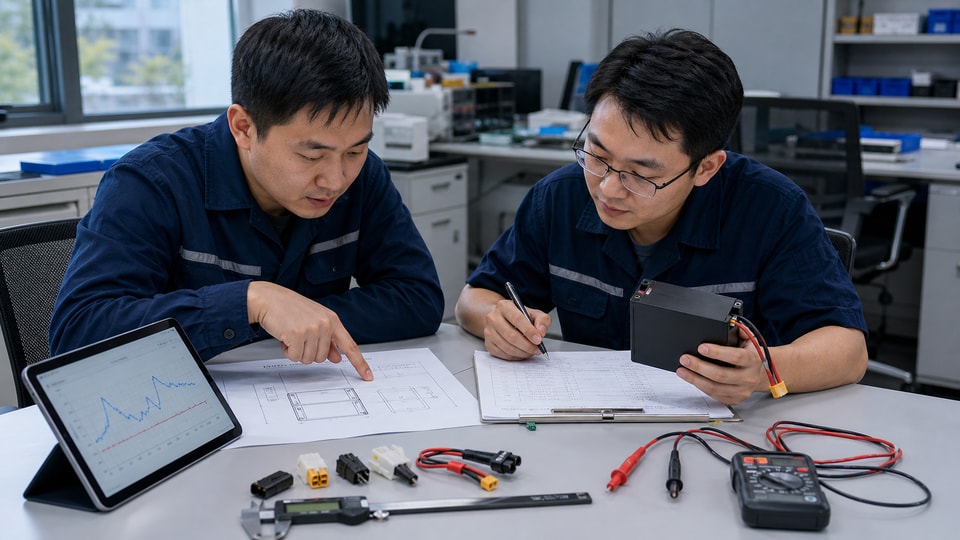 Chinese battery application engineers reviewing a customer project brief with battery samples and technical requirements