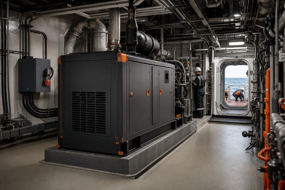 Marine auxiliary generator inside a commercial vessel