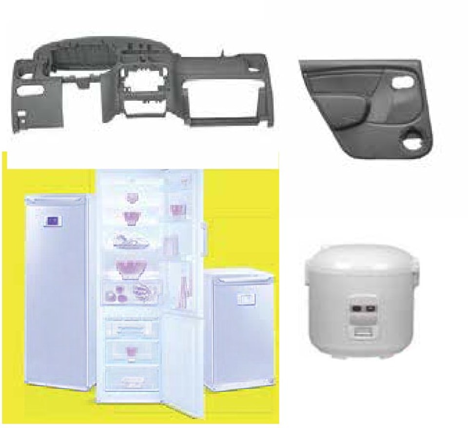 Automotive and appliance parts in toughened and reinforced PP