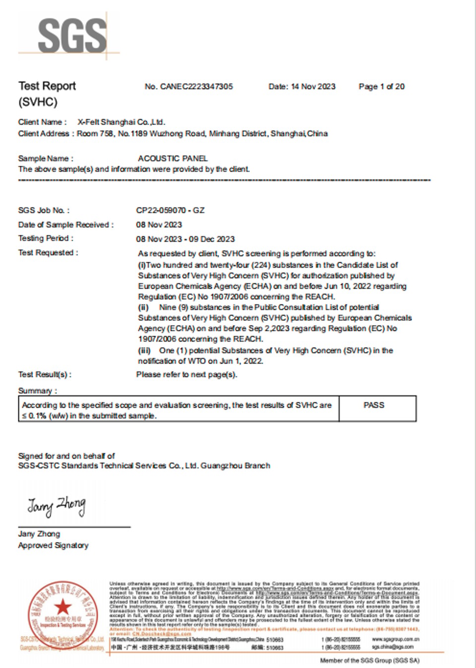 X-FELT SGS chemical screening report