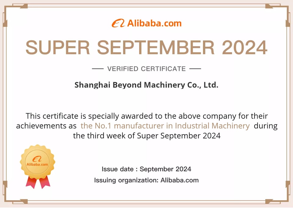 Shanghai Beyond Machinery Raih Gelar Penjualan Minggu Ketiga di Festival Pengadaan September Alibaba