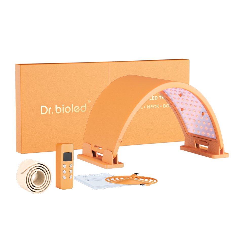 Dr.bioled Máy PDT silicon với 8 đèn LED trị liệu cho mặt và cơ thể, dây đeo da, hỗ trợ giảm đau cơ bằng hồng ngoại gần