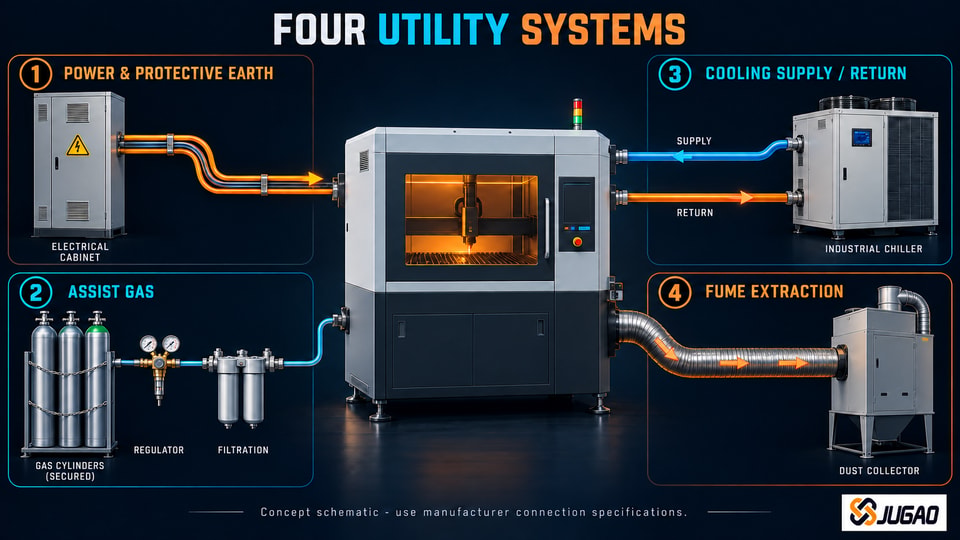 Utility connection architecture for fiber laser cutting machine electrical, gas, water cooling and dust extraction systems