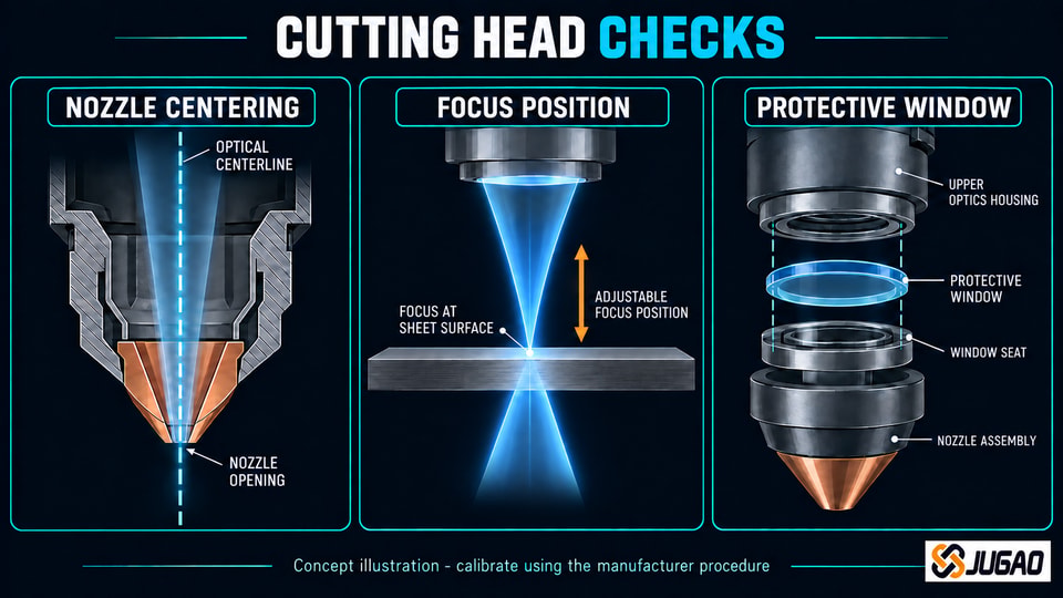 Fiber laser cutting head diagram showing nozzle centering, focus at the sheet surface and protective window