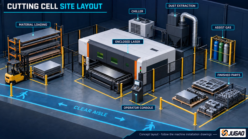 Fiber laser cutting workshop site layout with machine, chiller, gas, dust collector and logistics zones