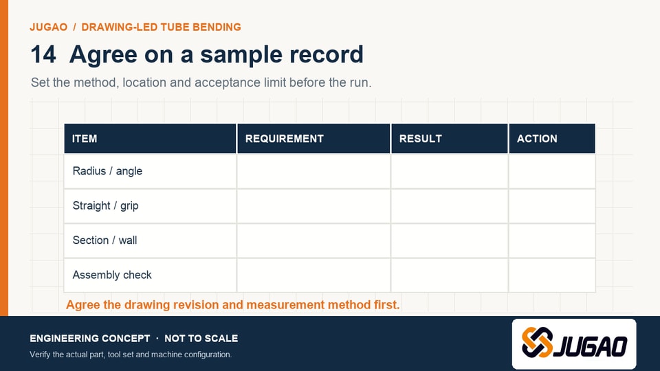 Blank sample acceptance grid for radius and angle, straight and grip, section and wall, and assembly result