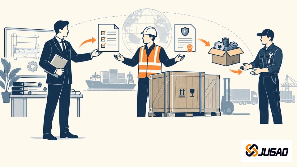 Buyer, export seller and service role hand off documents and equipment