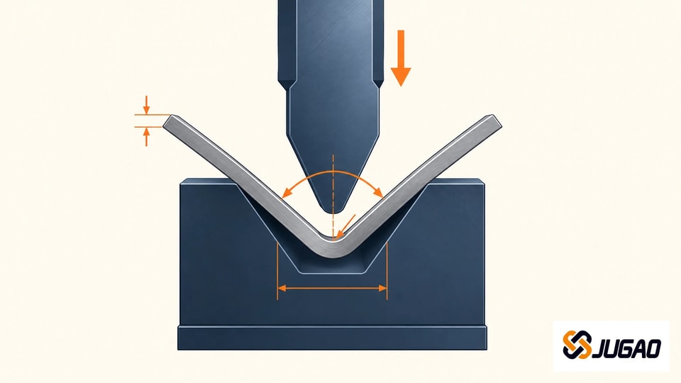 Punch, sheet metal and V die cross section with dimensional arrows