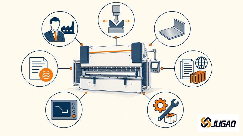 Seven buyer question topics arranged around a generic press brake