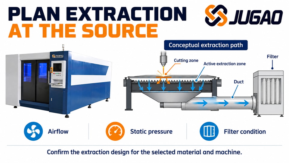 Conceptual extraction path from the cutting zone through the duct to the filter.
