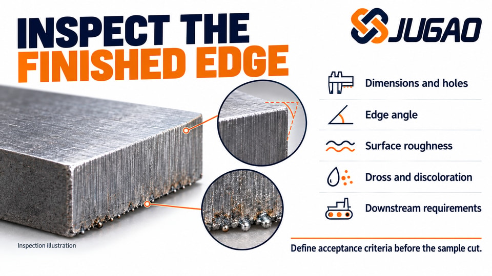 Cut-edge inspection covers dimensions, edge angle, roughness, dross and downstream requirements.