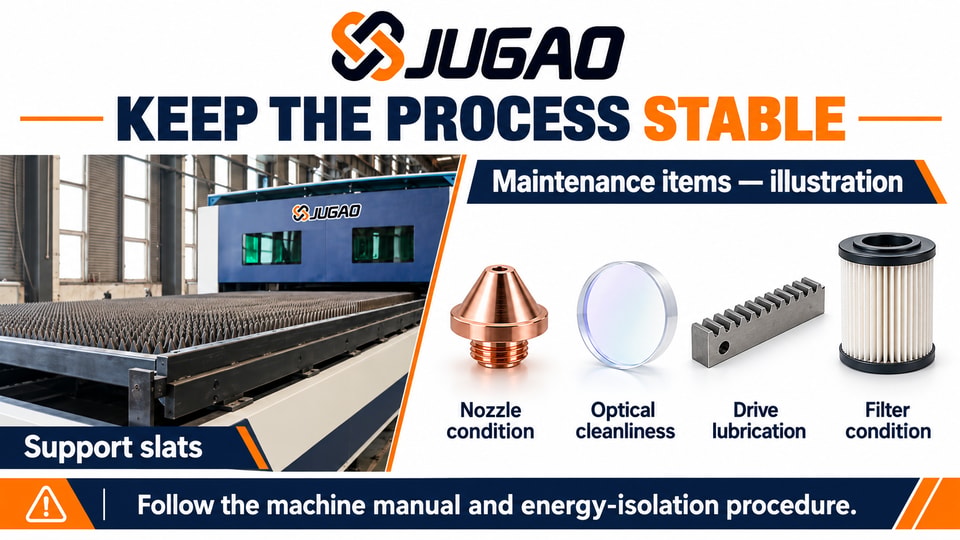 Maintenance planning covers support slats, nozzle condition, optical cleanliness, lubrication and filtration.