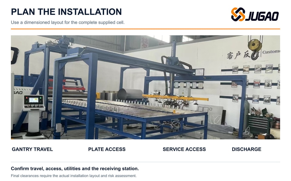 JUGAO workshop gantry and roller table illustrating the installation footprint and access requirements