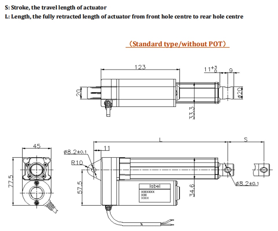 Linear actuator technical drawing