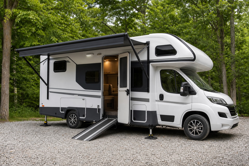 rv-camping-access-ramp.png Electric RV stabilizer jacks supporting a camping trailer
