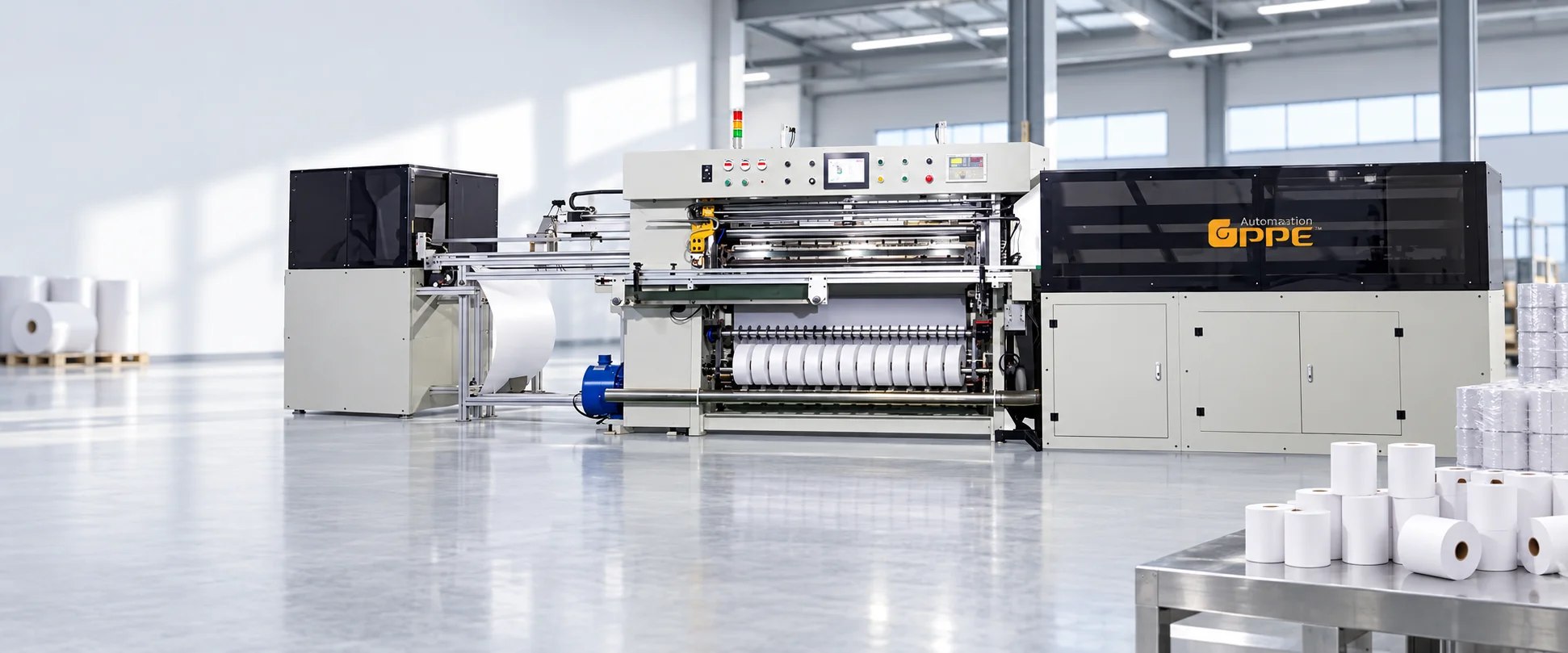 Línea GPPE totalmente automática para corte longitudinal y embalaje de rollos de papel térmico